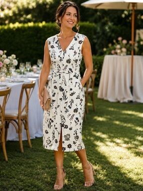 Ann Taylor White Contrasting Floral Double V Sheath Garden Party Dress 14 Tall